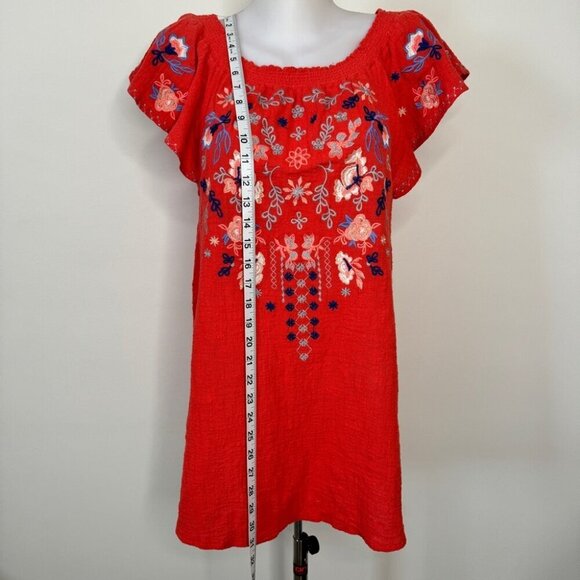 Umgee Boho Embroidered Mini Dress Coral Orange Beachy Crepe Lightweight Sz S - Picture 4 of 14
